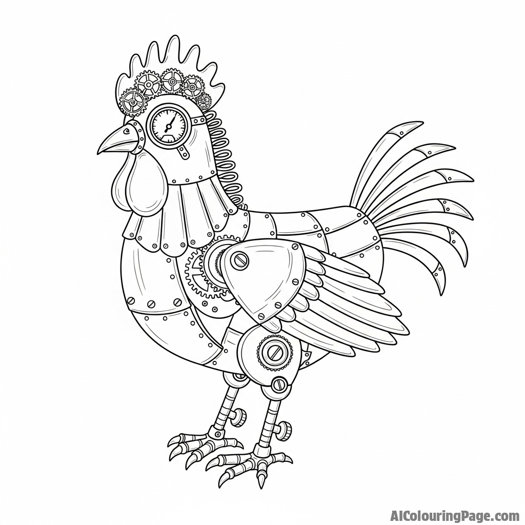 A steampunk chicken with gears, cogs, and brass fittings.
