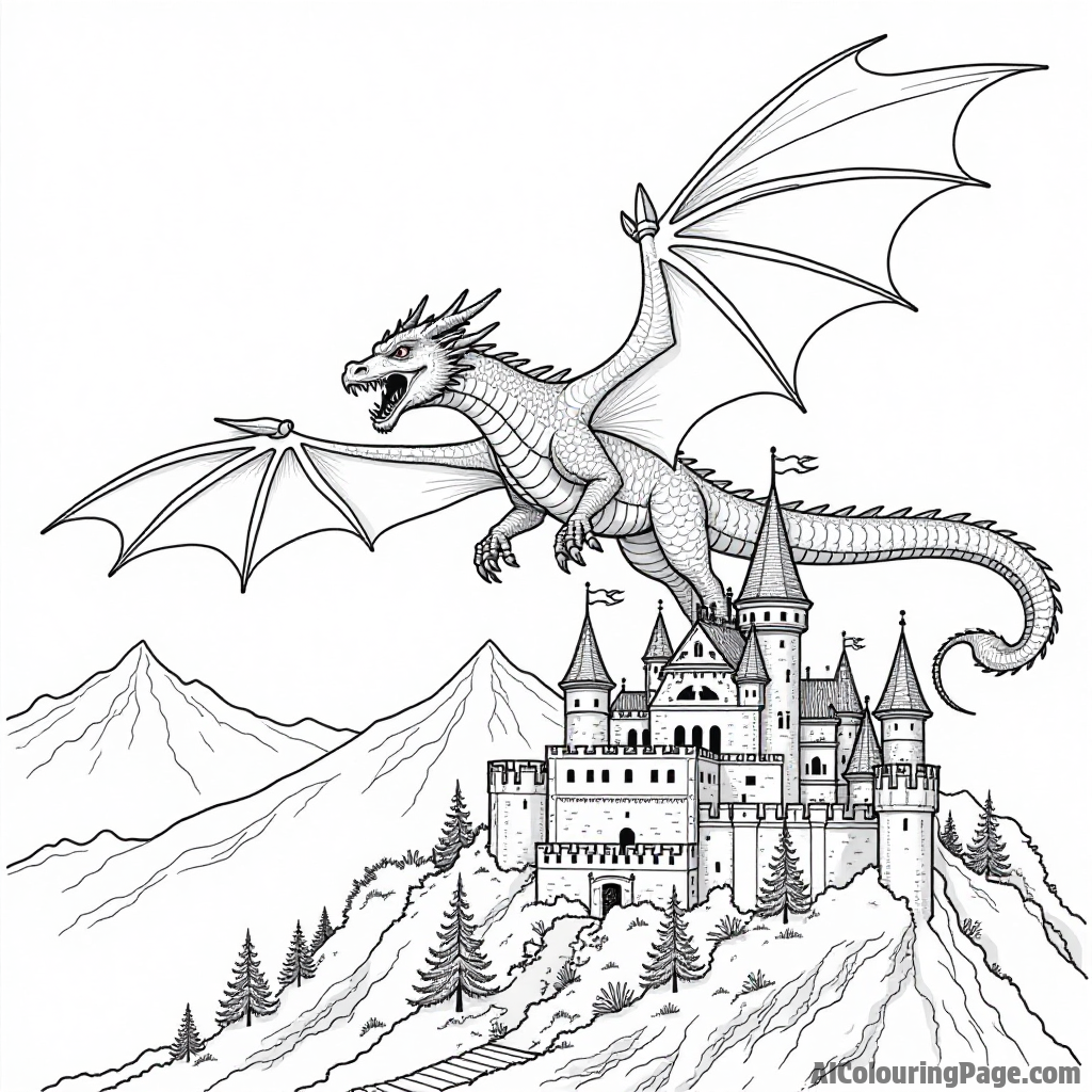 A dragon flying over a medieval castle with flags waving in the wind and mountains in the background.