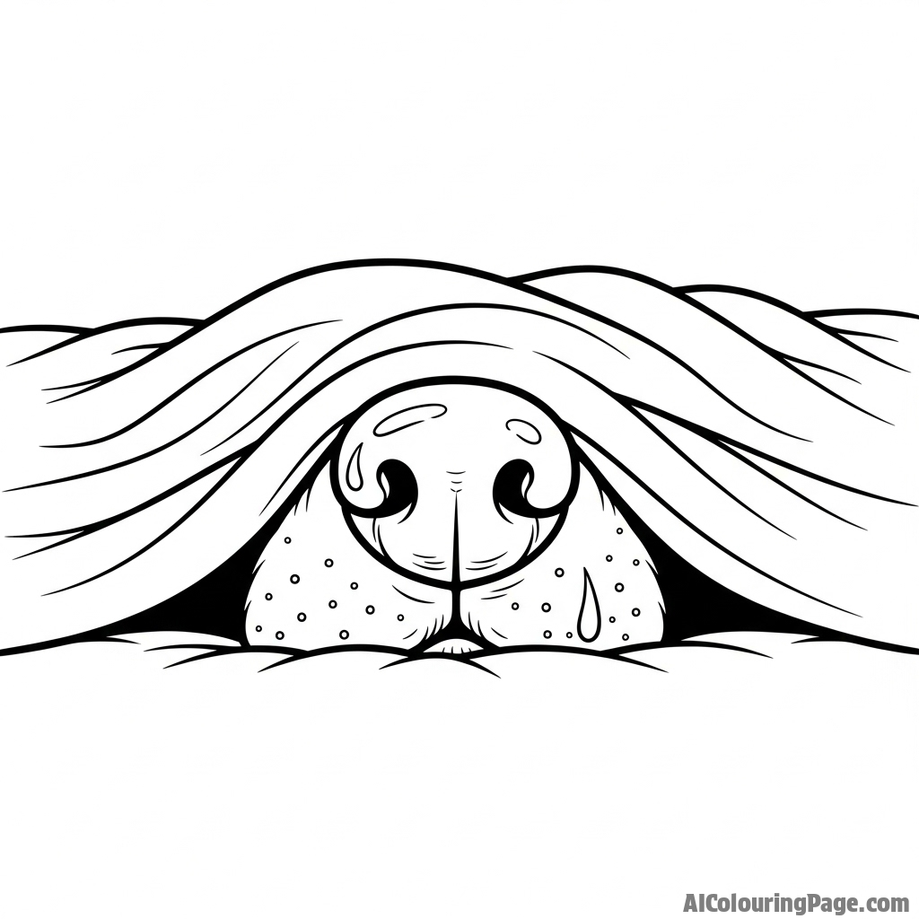A dog's nose poking out from under a pile of blankets.