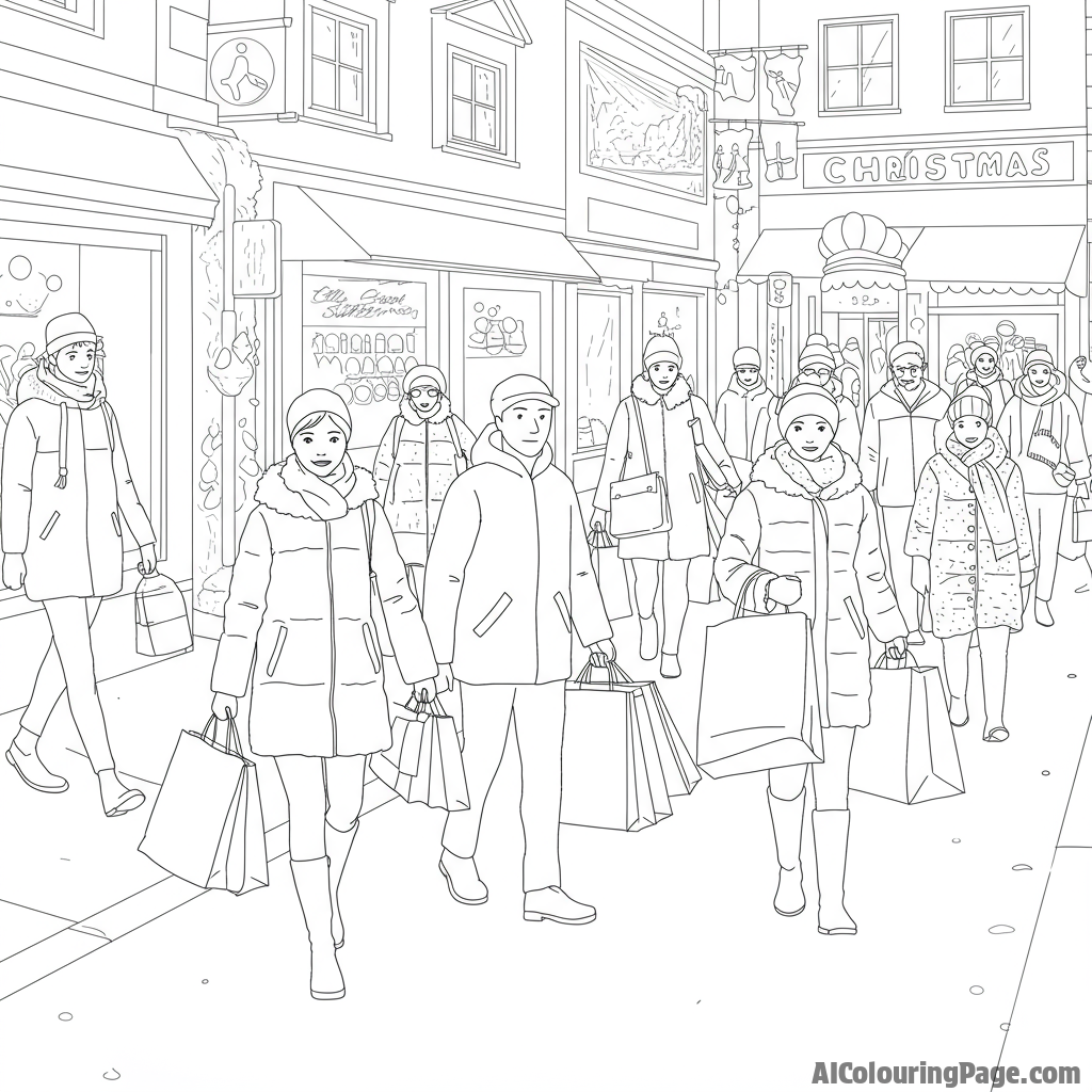 Busy street scene with shoppers carrying bags of presents, holiday rush.