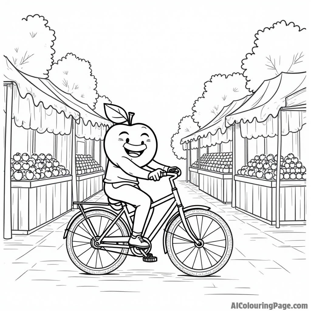 A happy apple riding a bicycle through a market, with stalls filled with various apple products and treats.