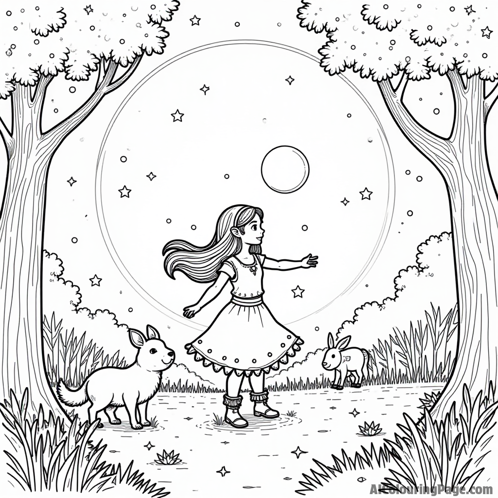 Zelda dancing with forest animals in a moonlit clearing, surrounded by twinkling stars and glowing fireflies lighting the night