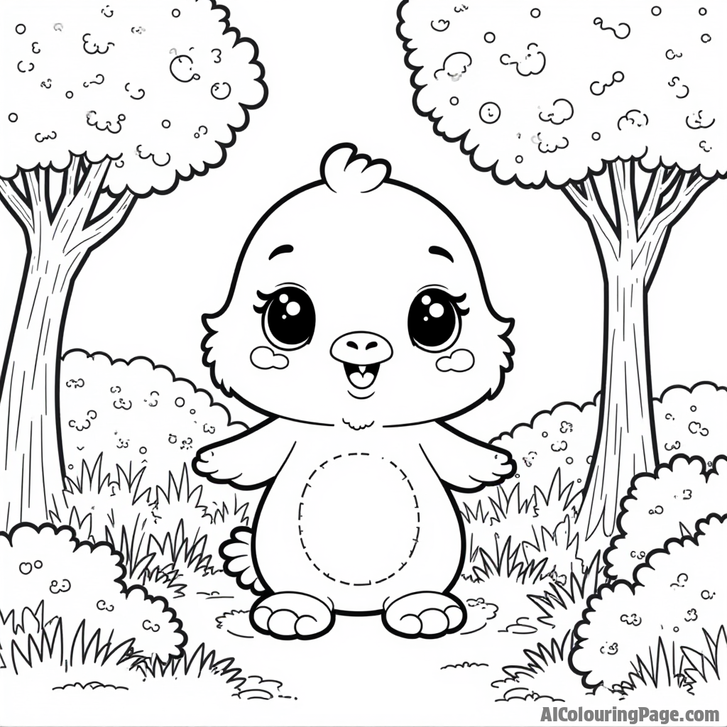 A Hatchimal playing hide and seek behind trees and bushes in a colorful garden, offering a fun scene for children to color and explore in this Toys and Games Coloring Pages theme.