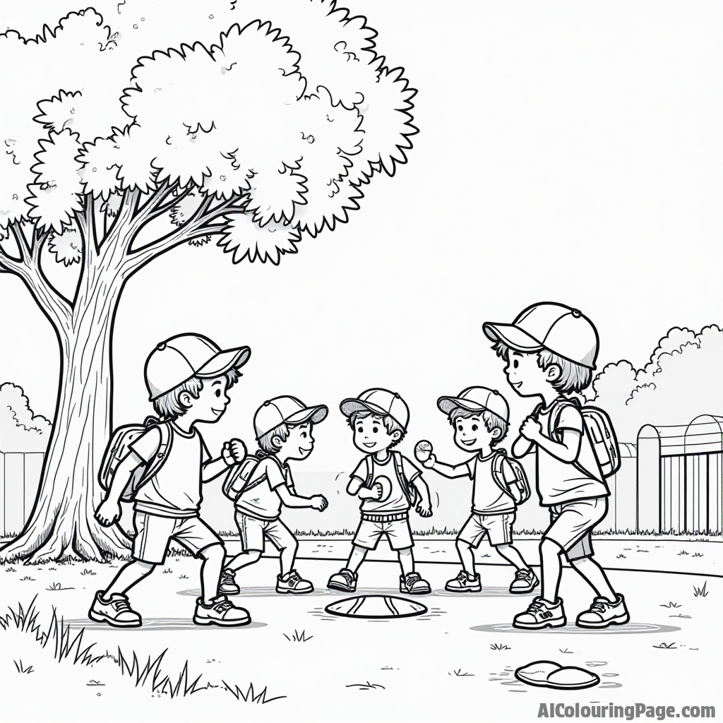 A group of kids playing baseball on a schoolyard, a big tree providing shade, and their backpacks nearby, encouraging kids to color their everyday adventures in sports.