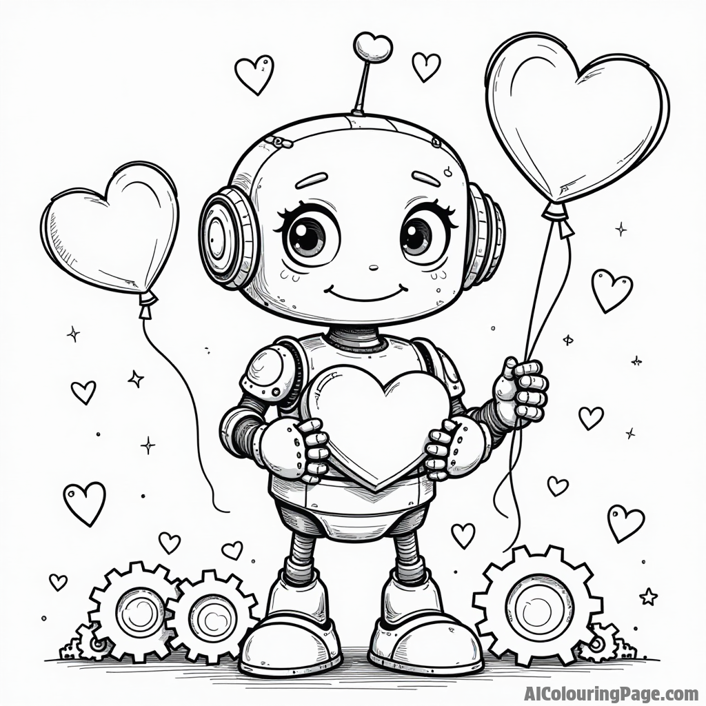 A cute robot presenting a heart-shaped gift box surrounded by gears and balloons celebrating love on Valentine’s Day