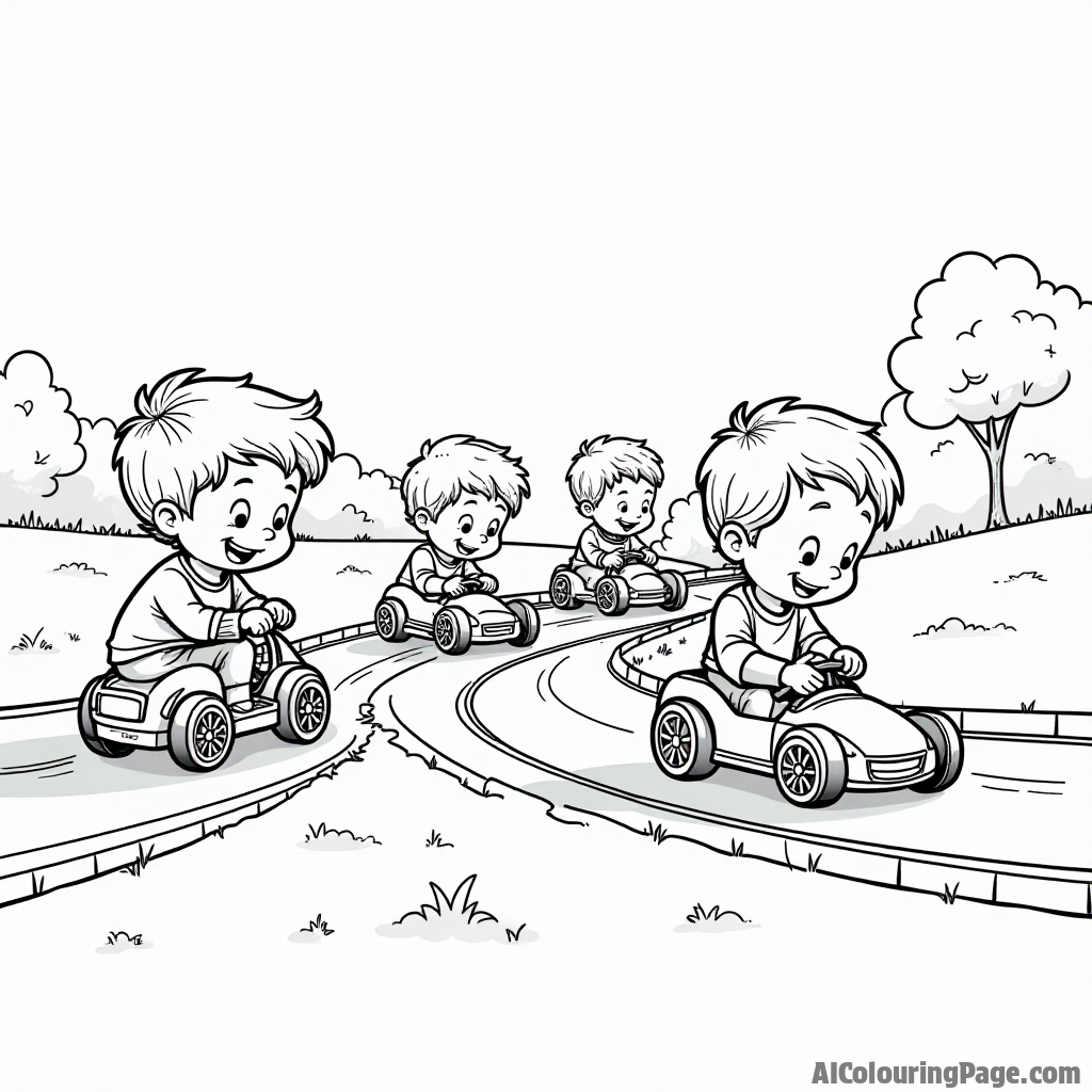 A group of kids playing with toy race cars on a miniature racetrack, highlighting the joy of imaginative play and racing in an engaging coloring page.