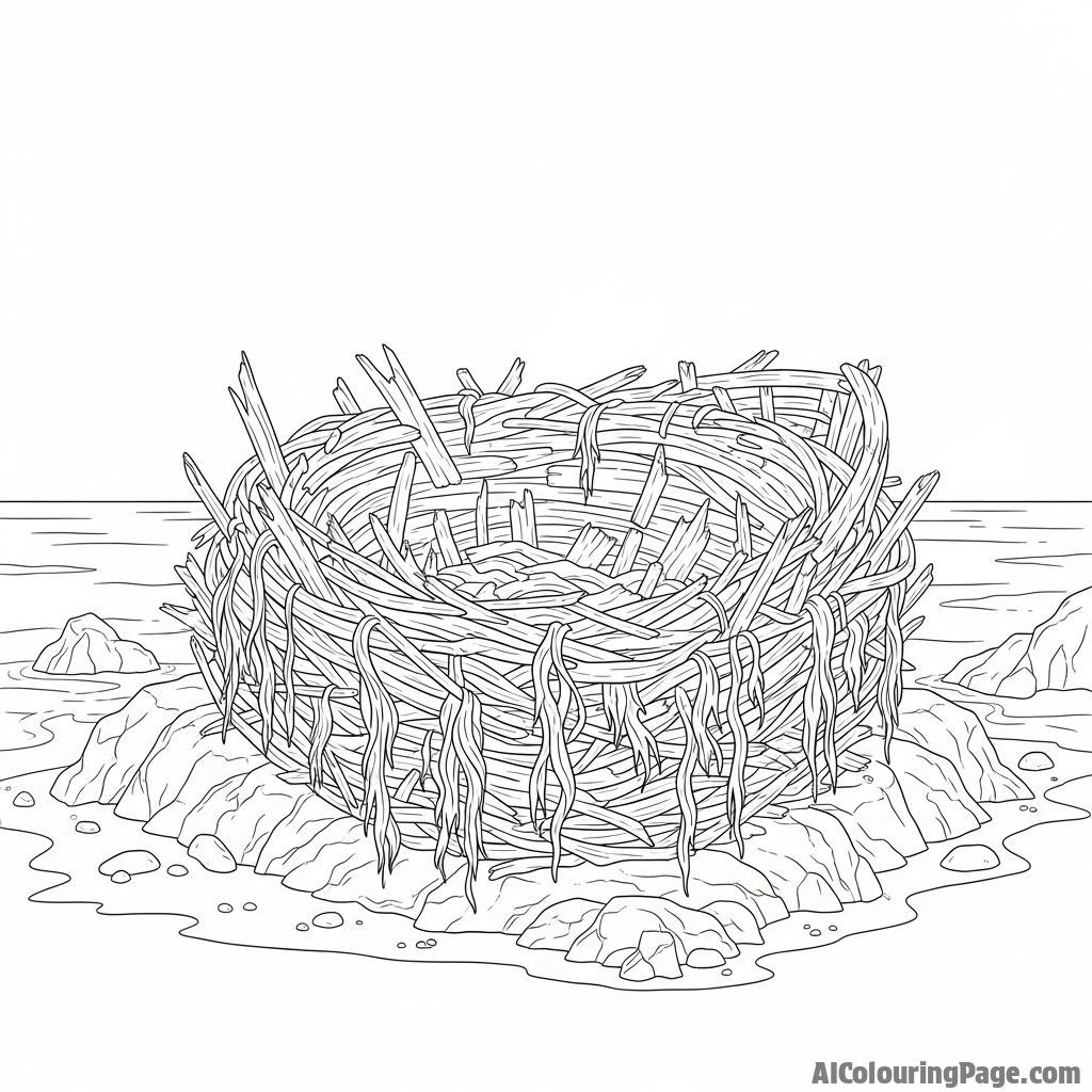A dragon's nest woven from shipwrecked timbers and seaweed on a remote, rocky shore.
