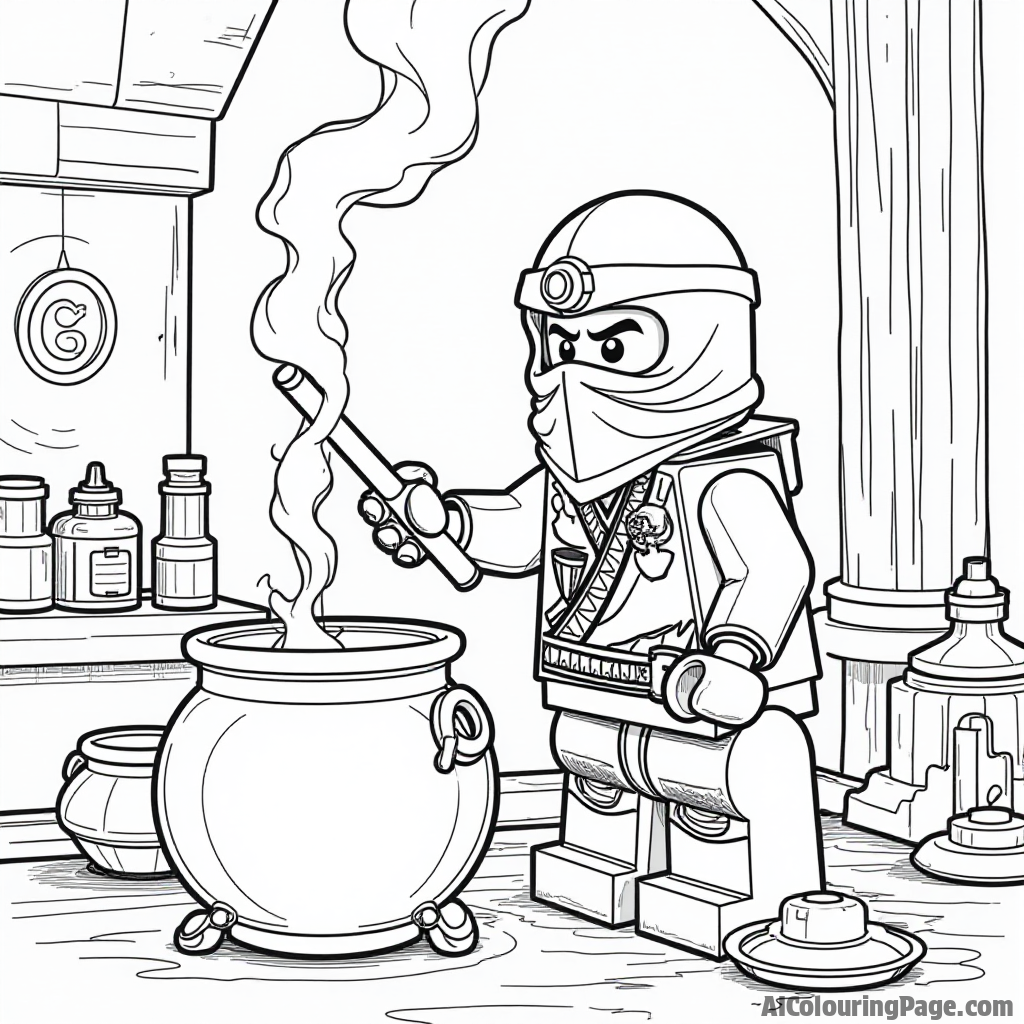 A Lego Ninjago character crafting a potion in a mystical laboratory, with bubbling cauldrons and magical ingredients, creating an intriguing scene for imaginative coloring fun for children.