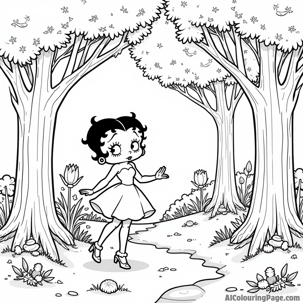 Betty Boop exploring a magical forest with whimsical creatures and sparkling lights hidden among the trees