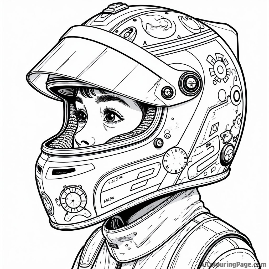 A close-up of a racing helmet adorned with stickers and designs, showcasing the personality of a young driver, inviting kids to color their favorite patterns.