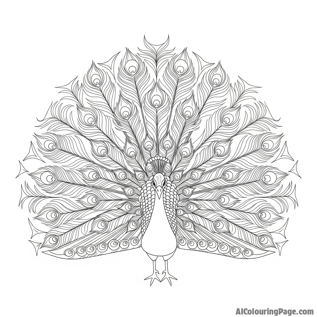 A peacock displaying its full tail feather fan, intricate eye-like patterns in detail