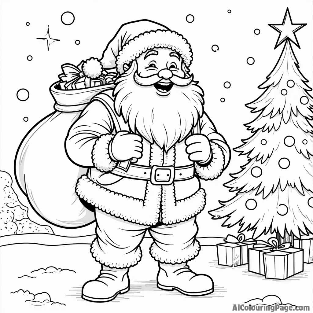 A jolly Santa Claus laughing, holding a bag of gifts, with a snowy background and a decorated Christmas tree nearby.