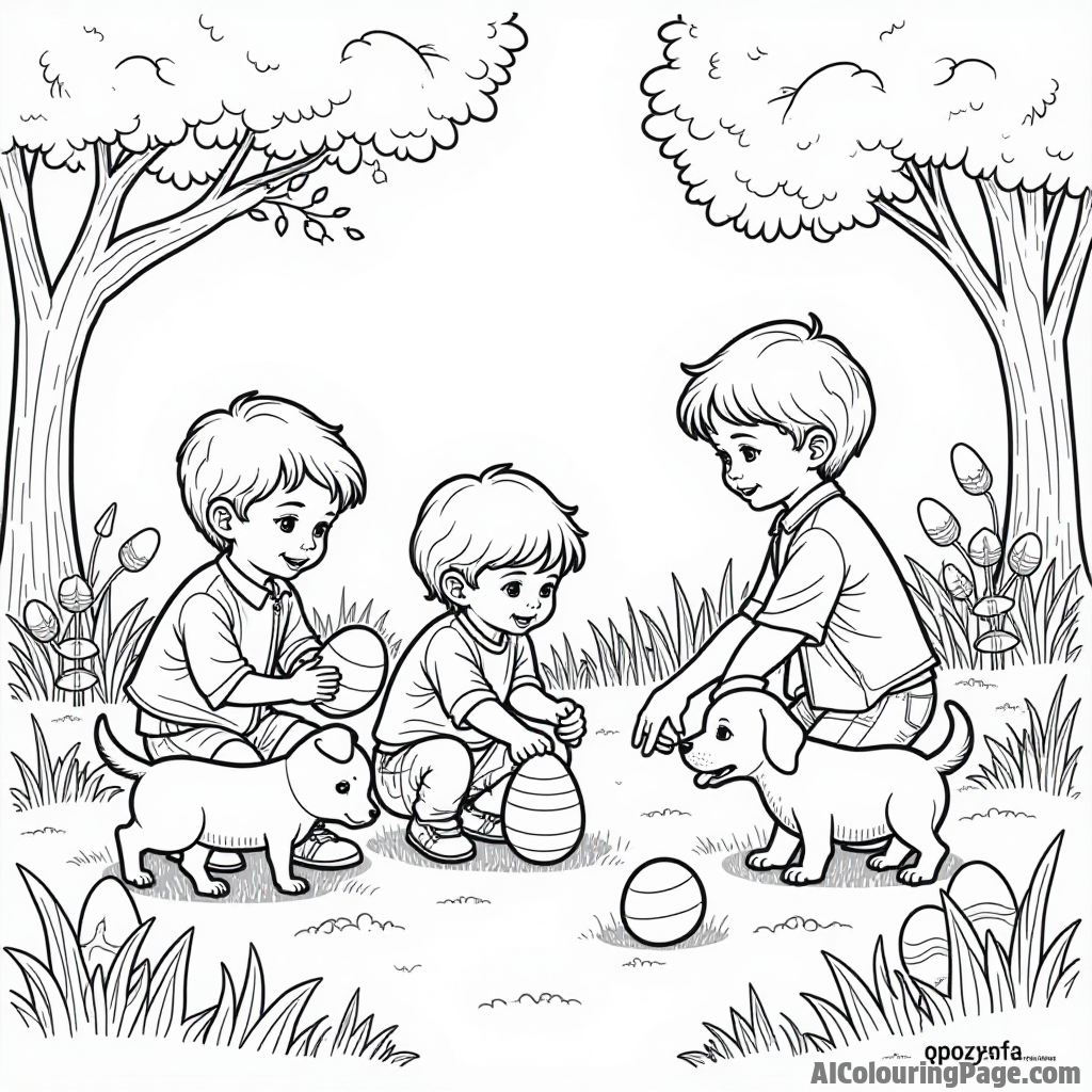 An Easter egg hunt scene with children searching for hidden eggs in a lush garden surrounded by playful puppies.