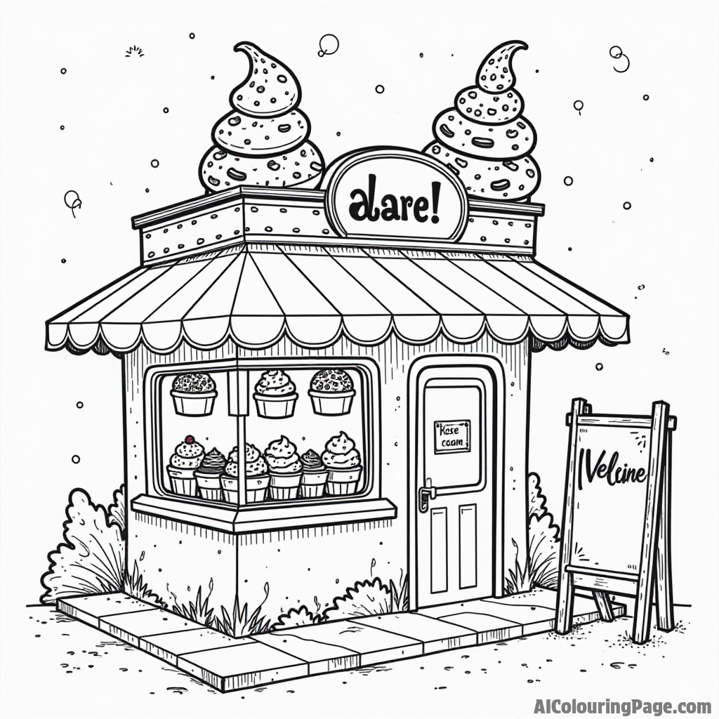 A whimsical ice cream parlor filled with various flavors, sprinkles, and toppings, with an inviting sign outside