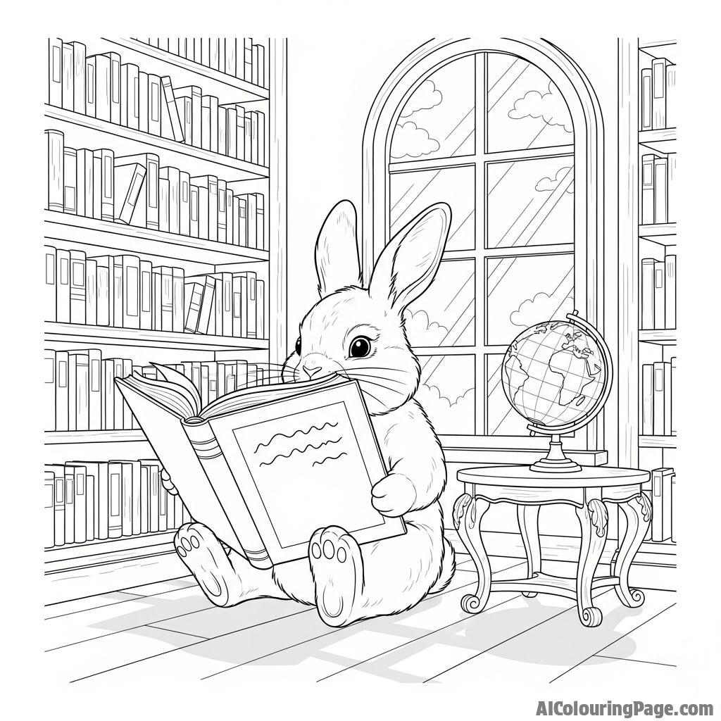 A bunny sitting in a quiet, sun-dappled library, attentively reading a very large book.