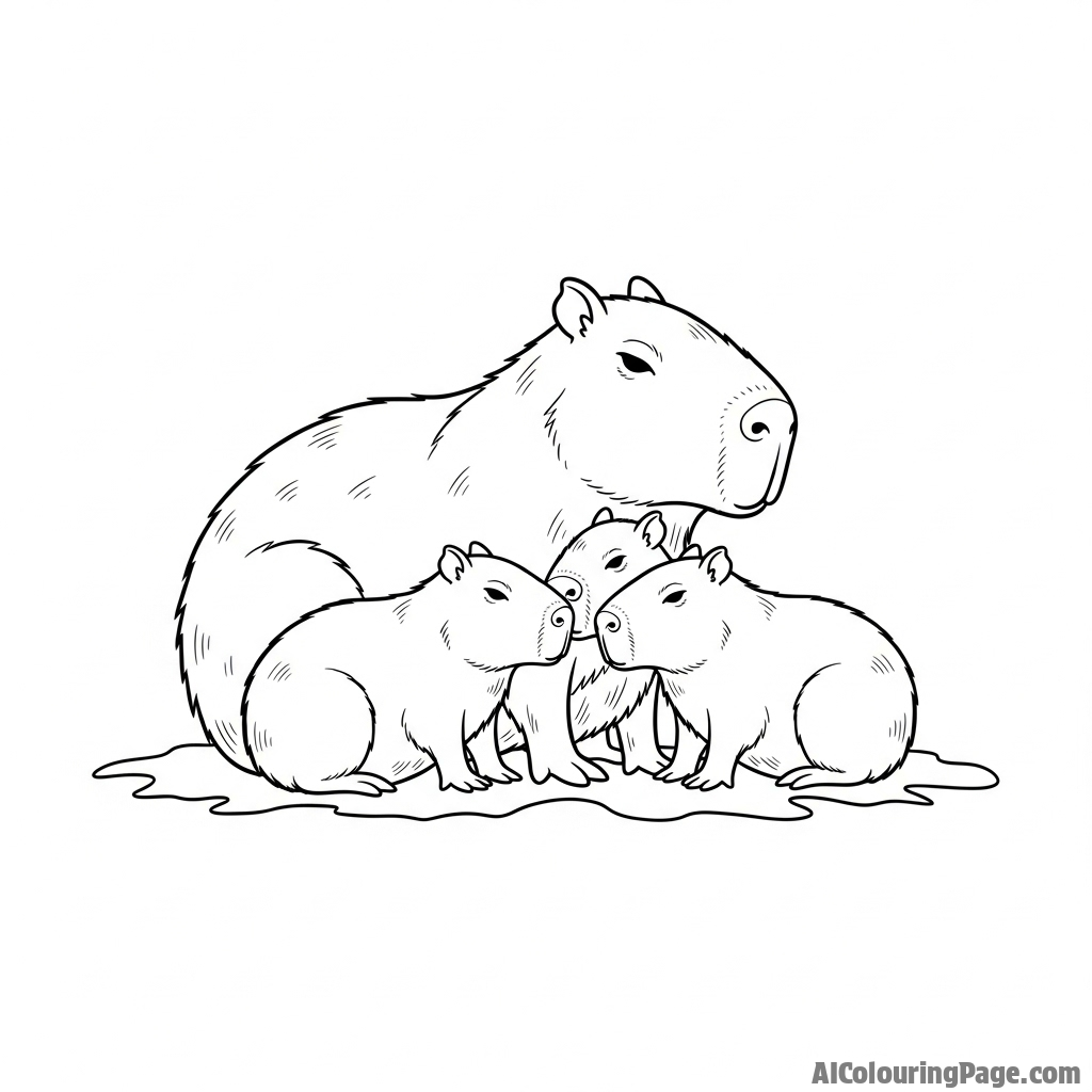 A family of capybaras huddling together for warmth on a chilly morning.
