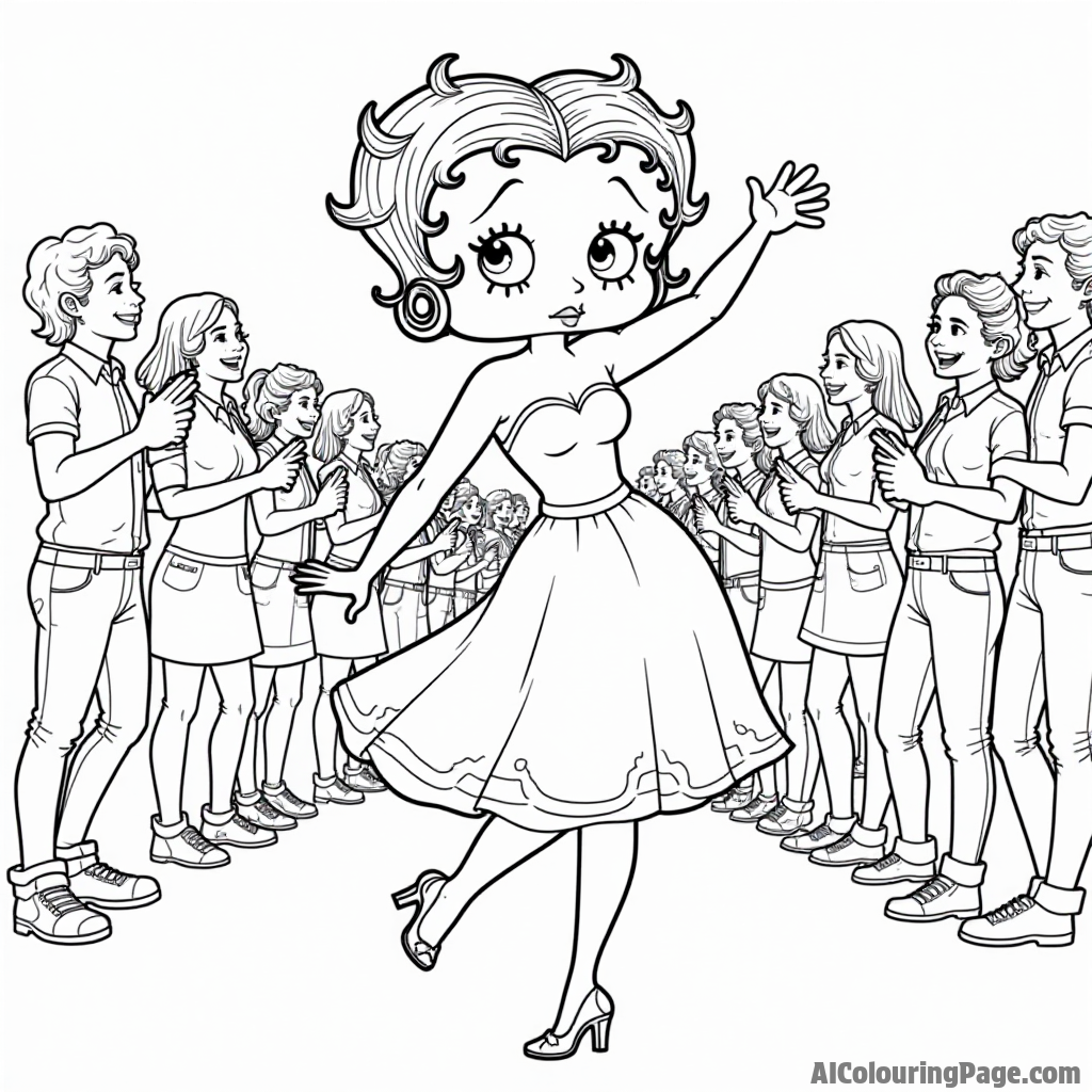 Betty Boop at a music festival dancing with flowers in her hair and a crowd of happy friends around her