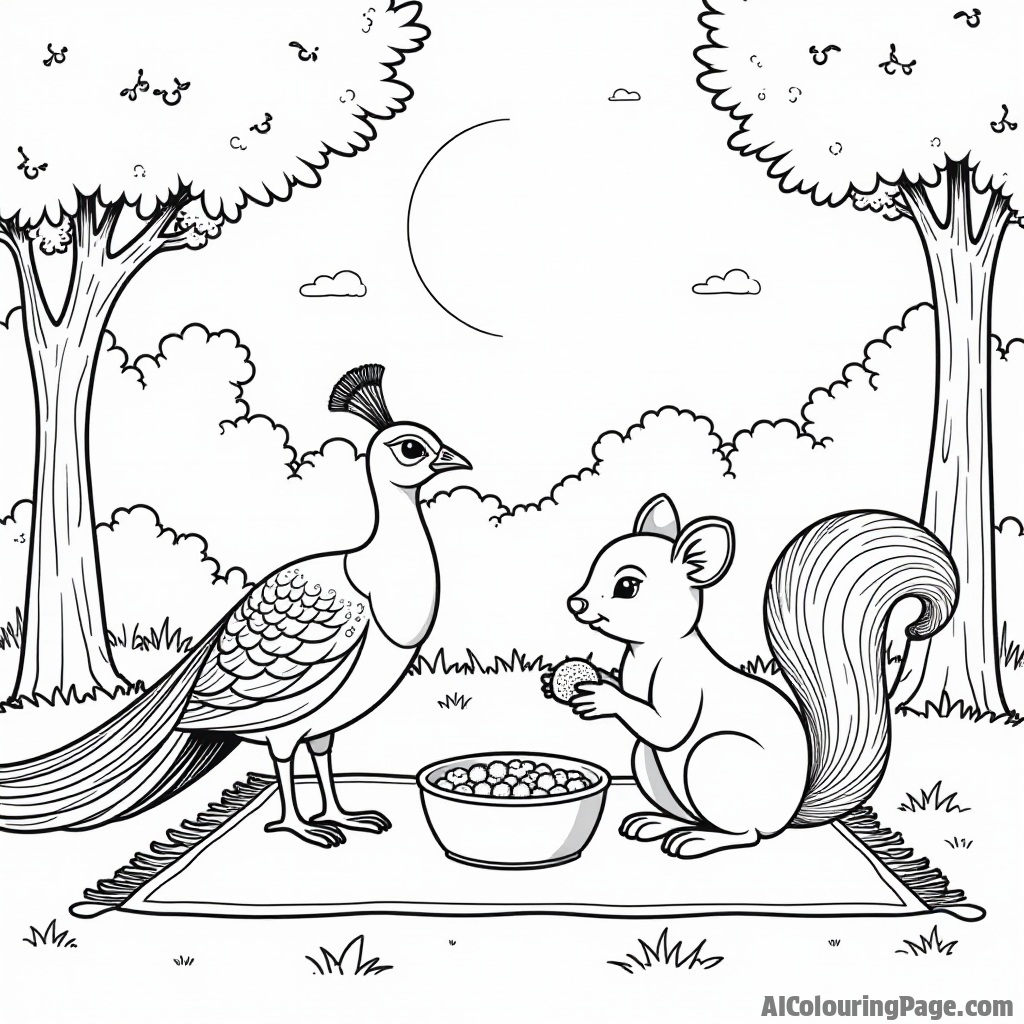 A peacock and a squirrel sharing a snack on a picnic blanket in a sunny park filled with trees