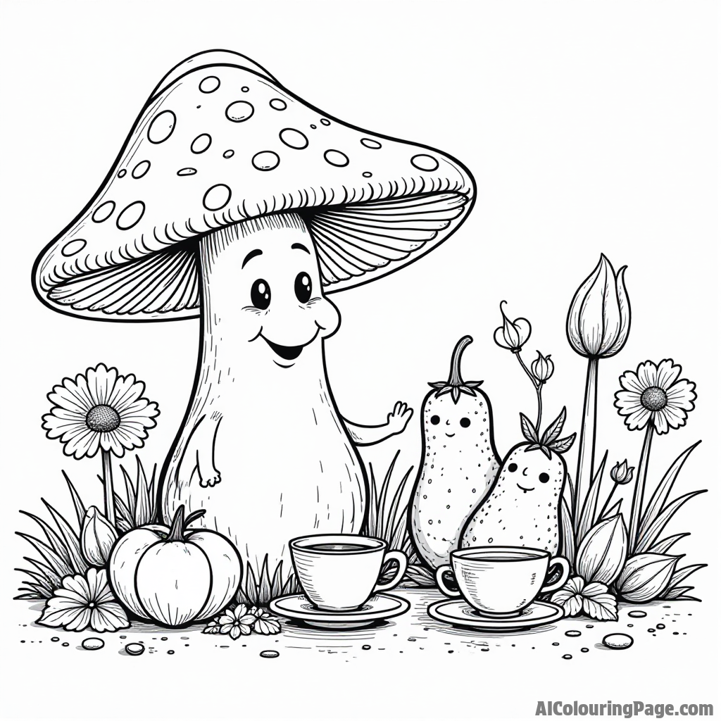 A friendly mushroom inviting vegetables to a tea party in a whimsical garden with colorful teacups.