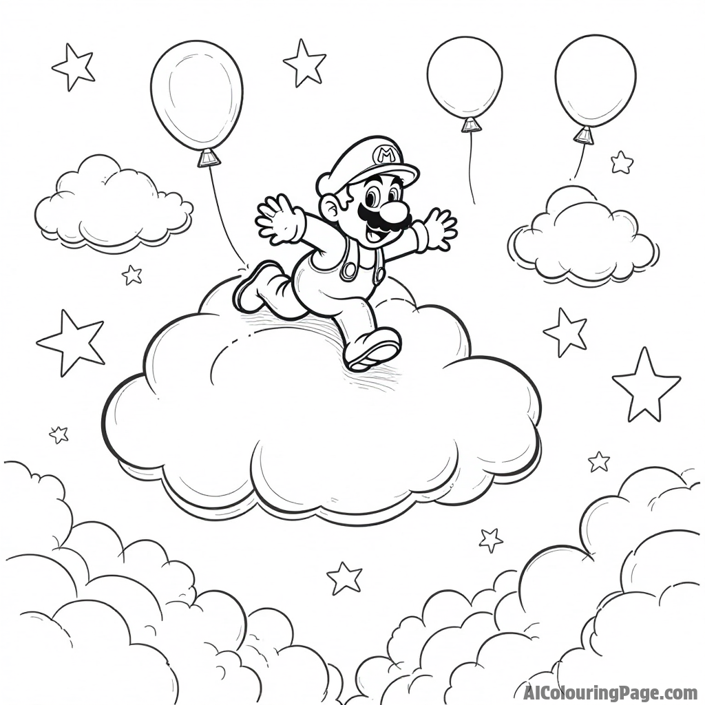 A whimsical cloud city with Mario flying on a cloud surrounded by stars and balloons.