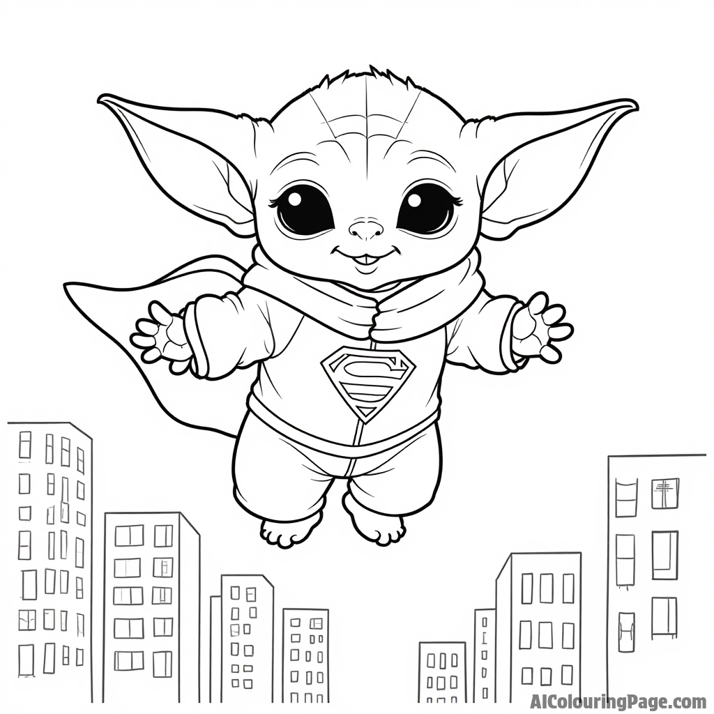 Baby Yoda dressed as a superhero, flying above a cityscape with bright buildings