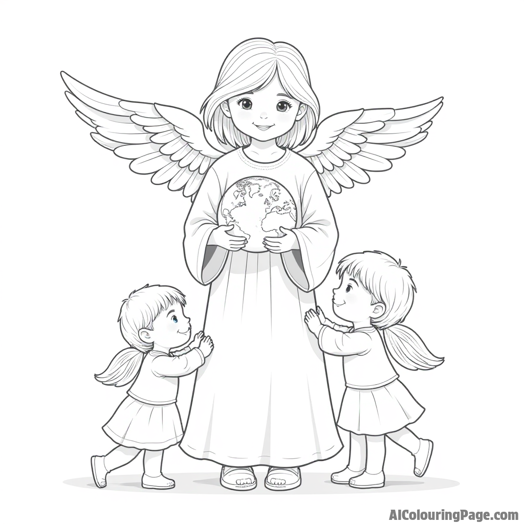 An angel holding a small globe while surrounded by children from different cultures playing together.