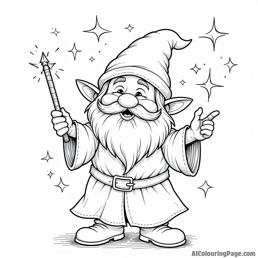 A gnome dressed as a wizard casting spells with a wand, surrounded by magical symbols and sparkling stars in the air.