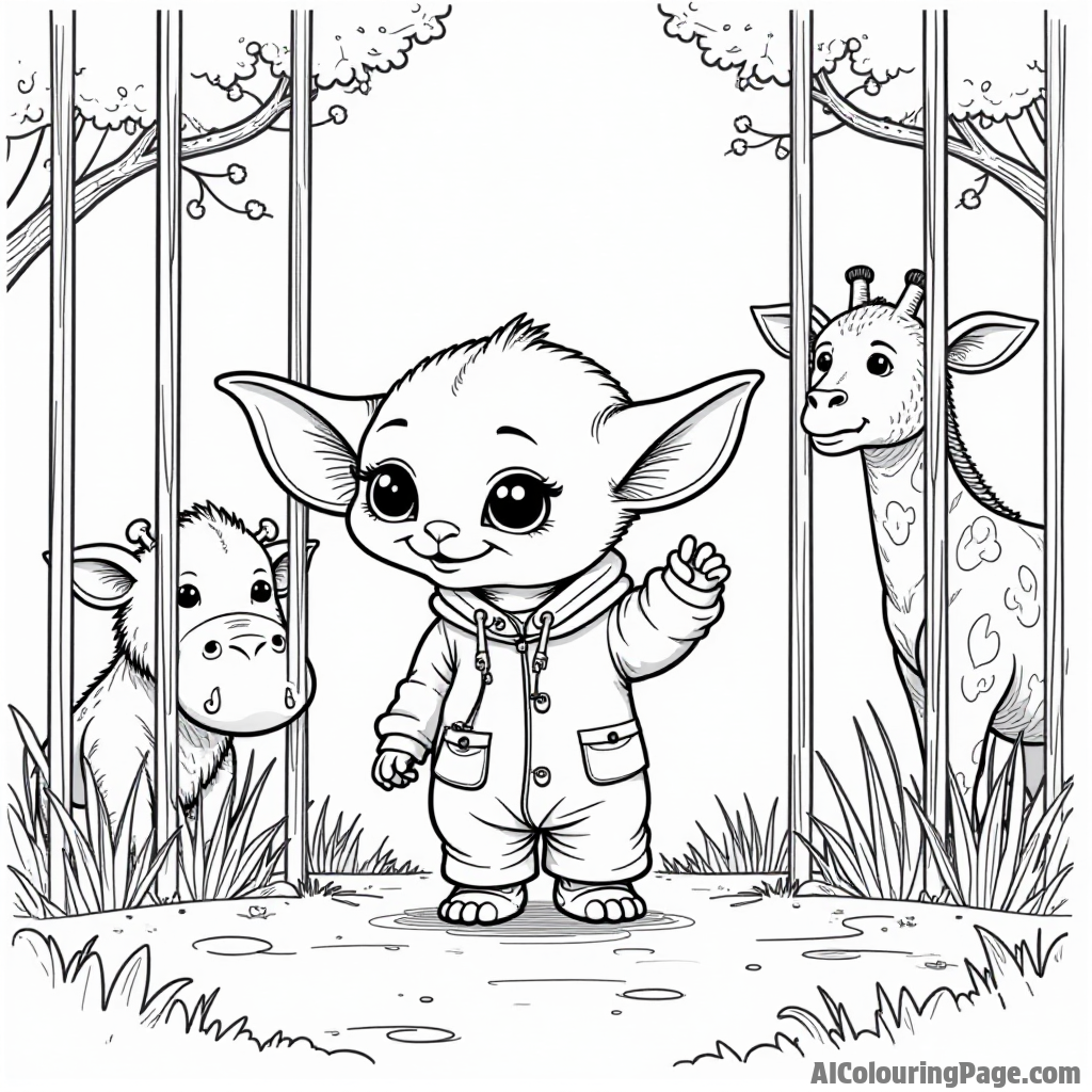 Baby Yoda enjoying a day at the zoo with animals peeking through the bars