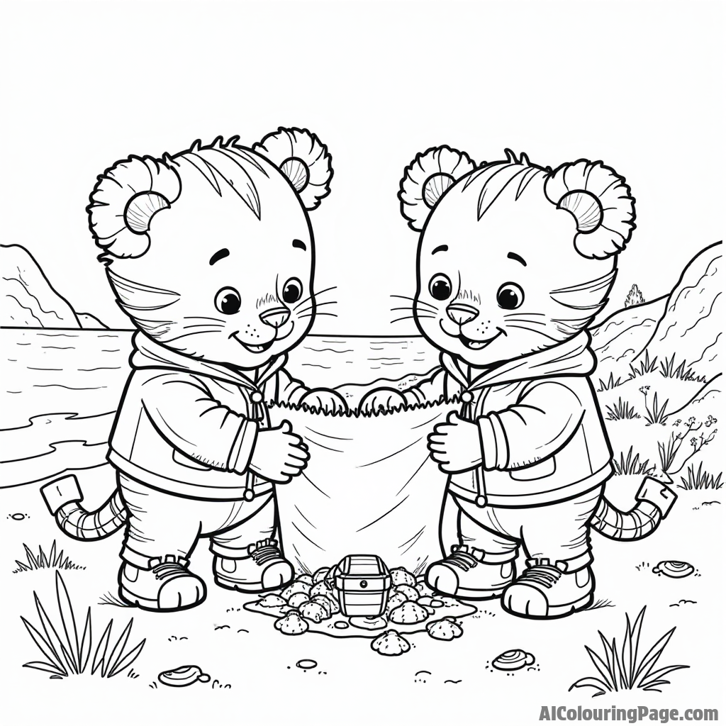 Daniel Tiger and his friends having a treasure hunt with a map, shovels, and hidden treasures in a sandy beach.