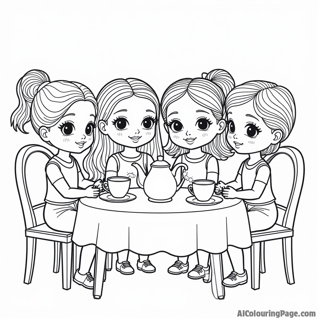 A group of diverse dolls having a tea party, complete with a table, teapot, and snacks, designed for a fun black and white coloring experience.