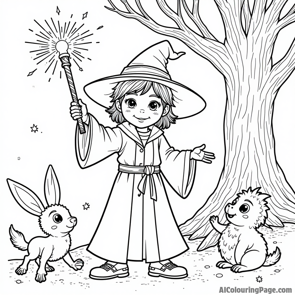 A young wizard holding a wand with magical sparks flying, surrounded by enchanted creatures and an ancient tree.