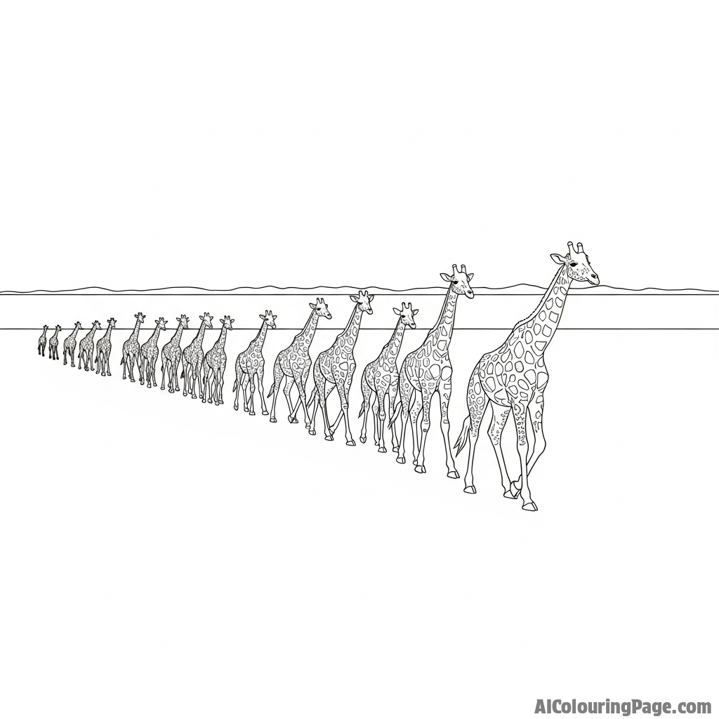 A herd of giraffes walking in a single file line toward the distant horizon.