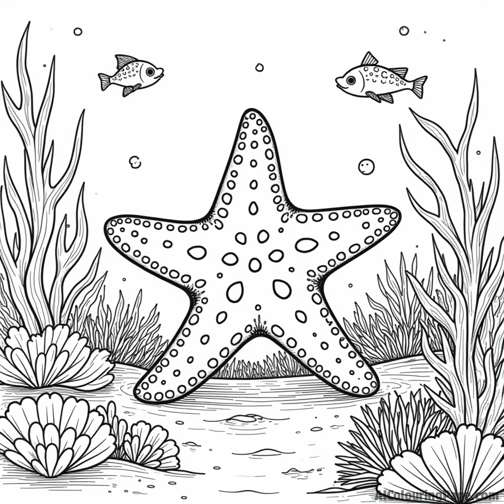 A curious starfish exploring a vibrant coral garden, with tiny fish hiding amongst the corals, creating an intriguing underwater scene for young artists to color.