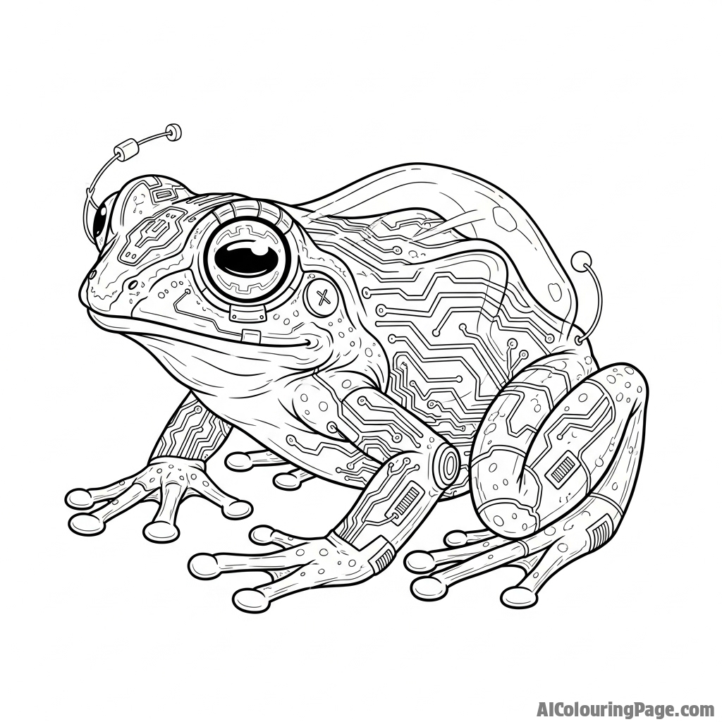 A cyberpunk frog with glowing neon circuits integrated into its body.