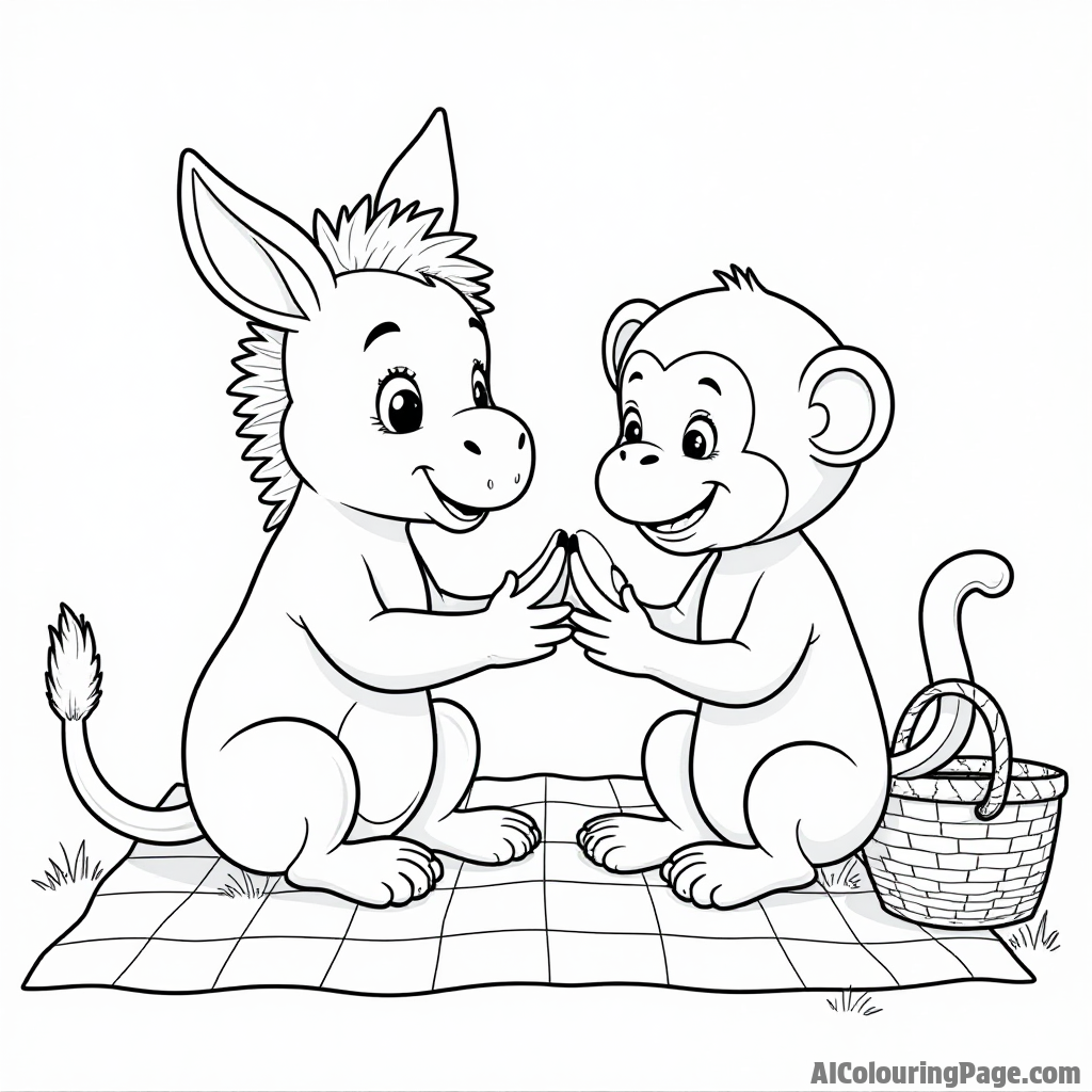 A donkey and a monkey sharing bananas at a picnic, with a checkered blanket and a basket nearby