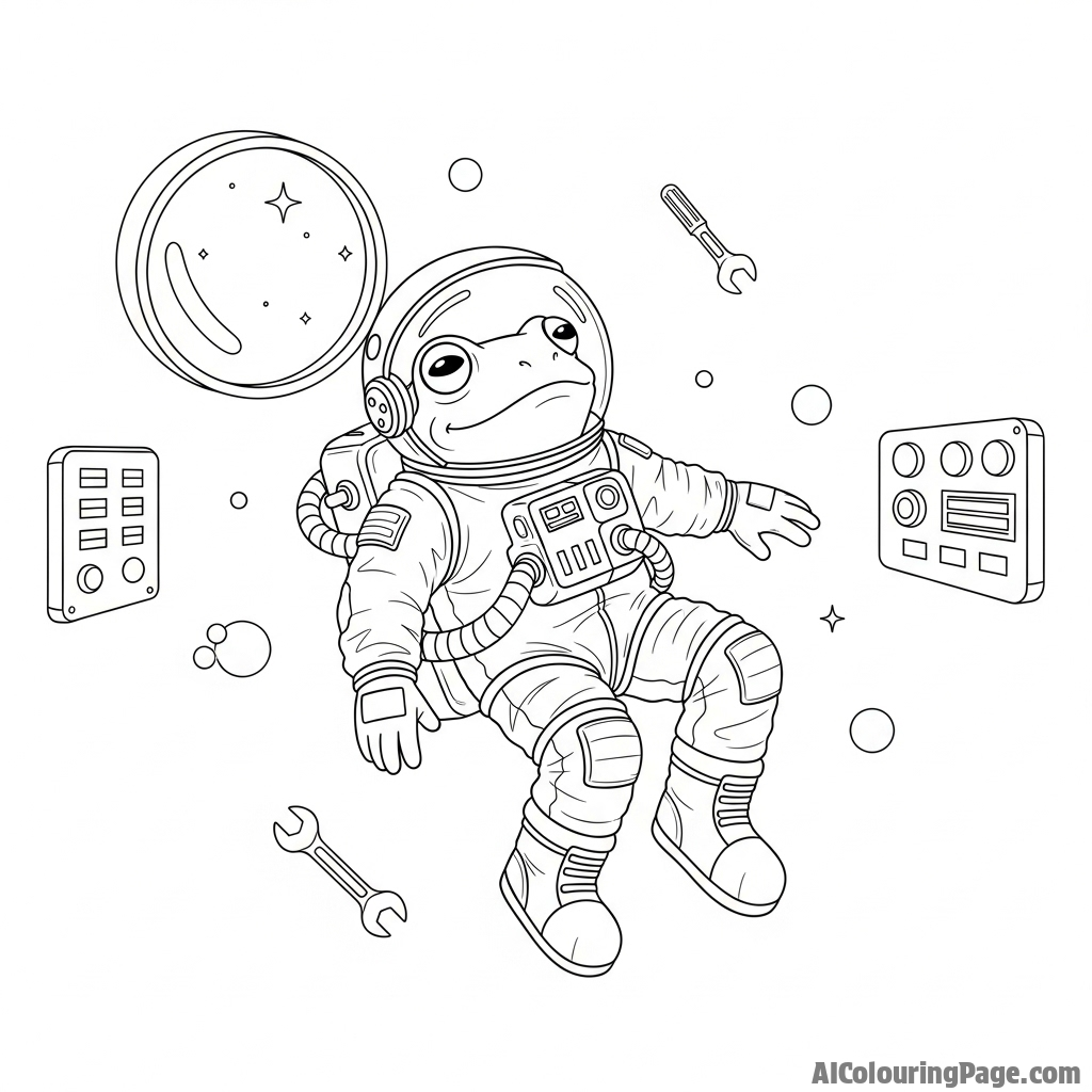 An astronaut frog floating in zero gravity inside a spaceship.
