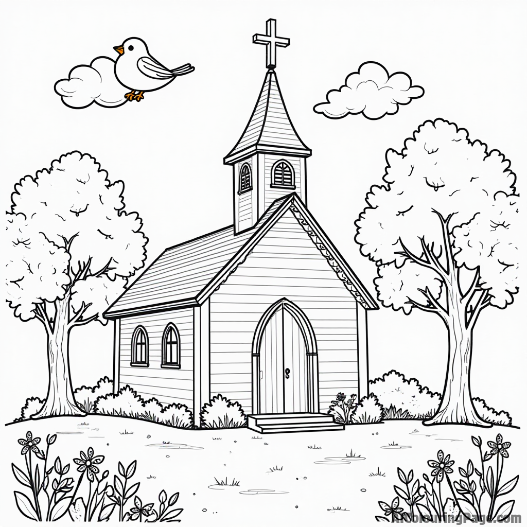 A peaceful church setting with a tall cross, blooming trees, and happy birds singing on a sunny day for coloring fun.