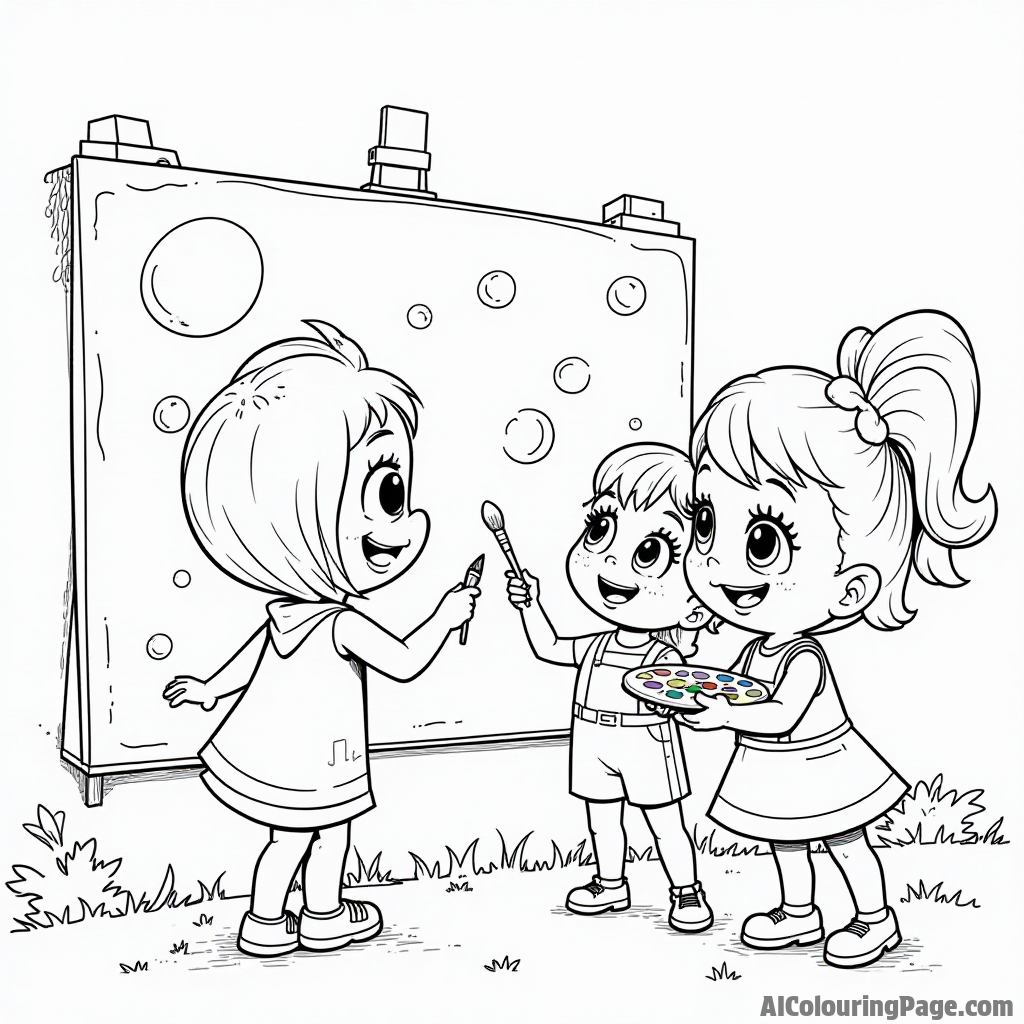 Bubbles painting a mural on a wall, while Blossom and Buttercup help by holding paintbrushes and palettes filled with colors