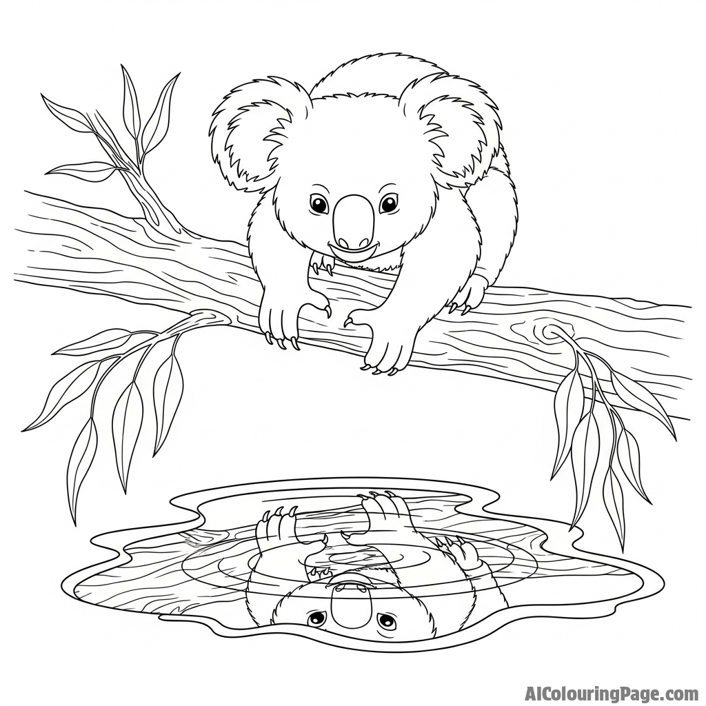 A koala looking down from its branch at its own reflection in a puddle.