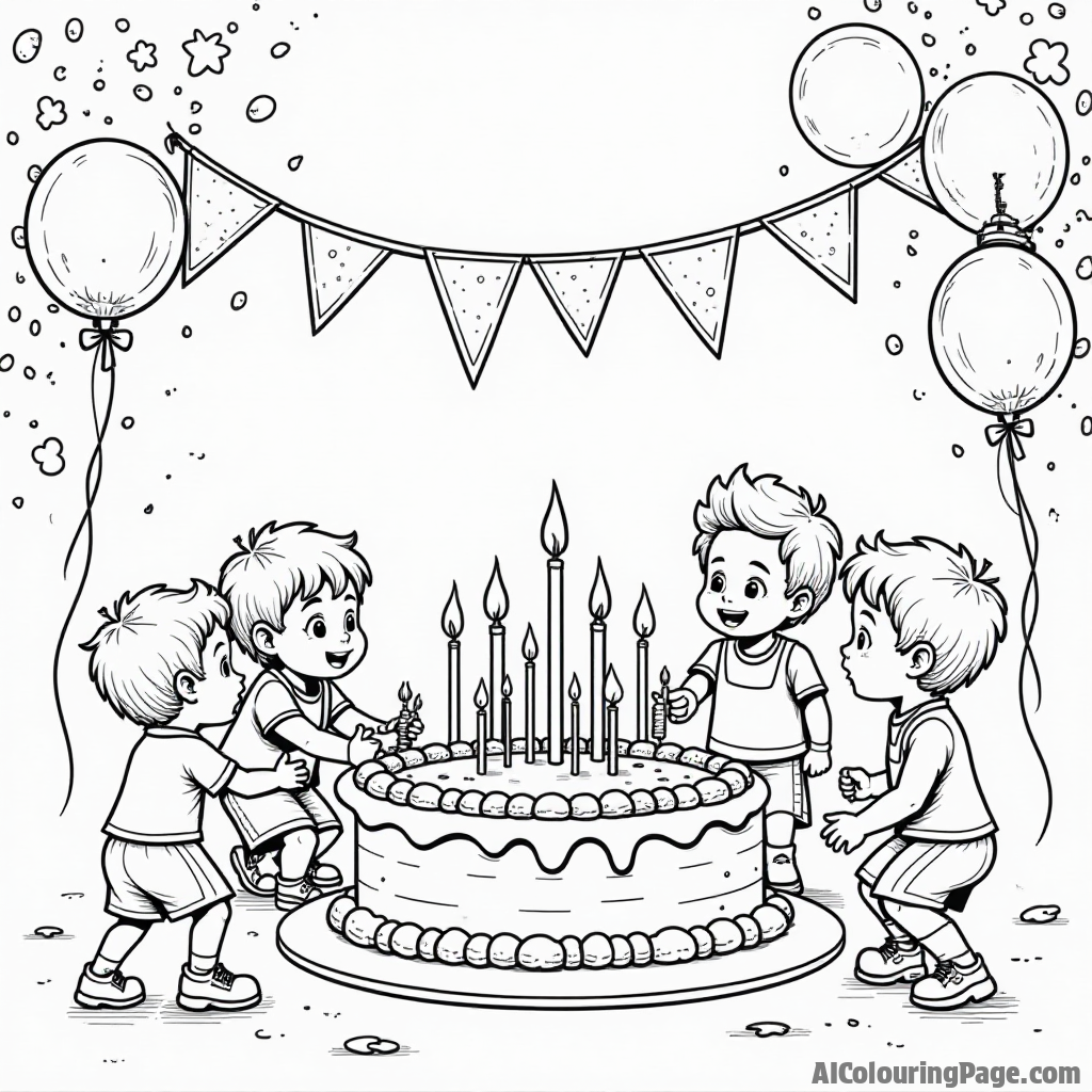 A basketball-themed birthday party scene with kids playing games, balloons in the shape of basketballs, and a big birthday cake decorated with a basketball theme, perfect for coloring.