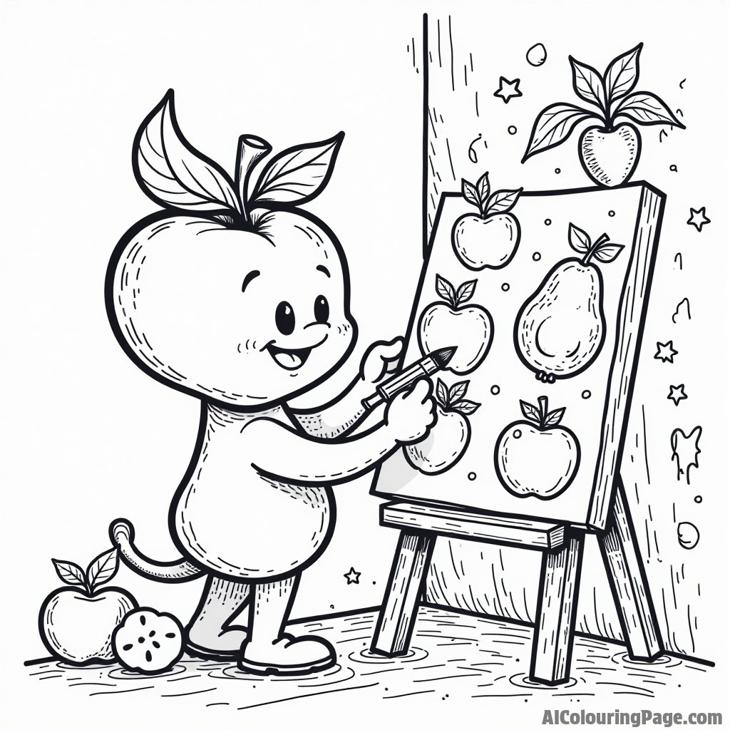 A cute apple character painting a mural of other fruits on a wall, with a splash of colors around.