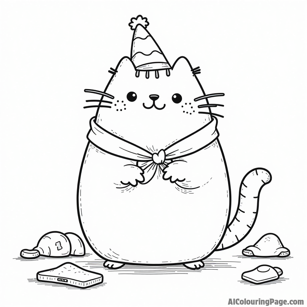 Pusheen playing dress-up with various costumes scattered around, wearing a funny hat and striking a silly pose