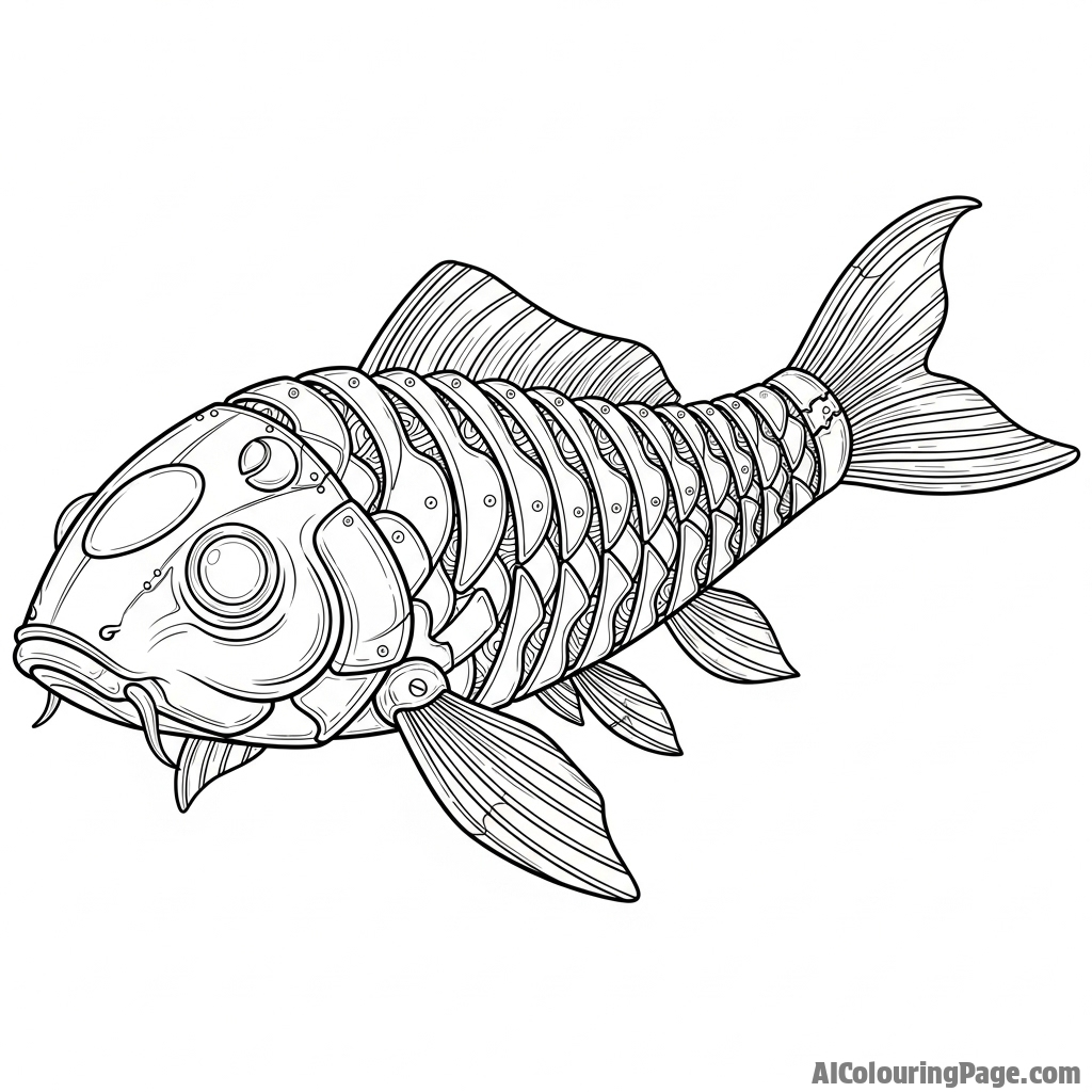A metallic koi fish automaton with articulated plates and glowing lenses for eyes.