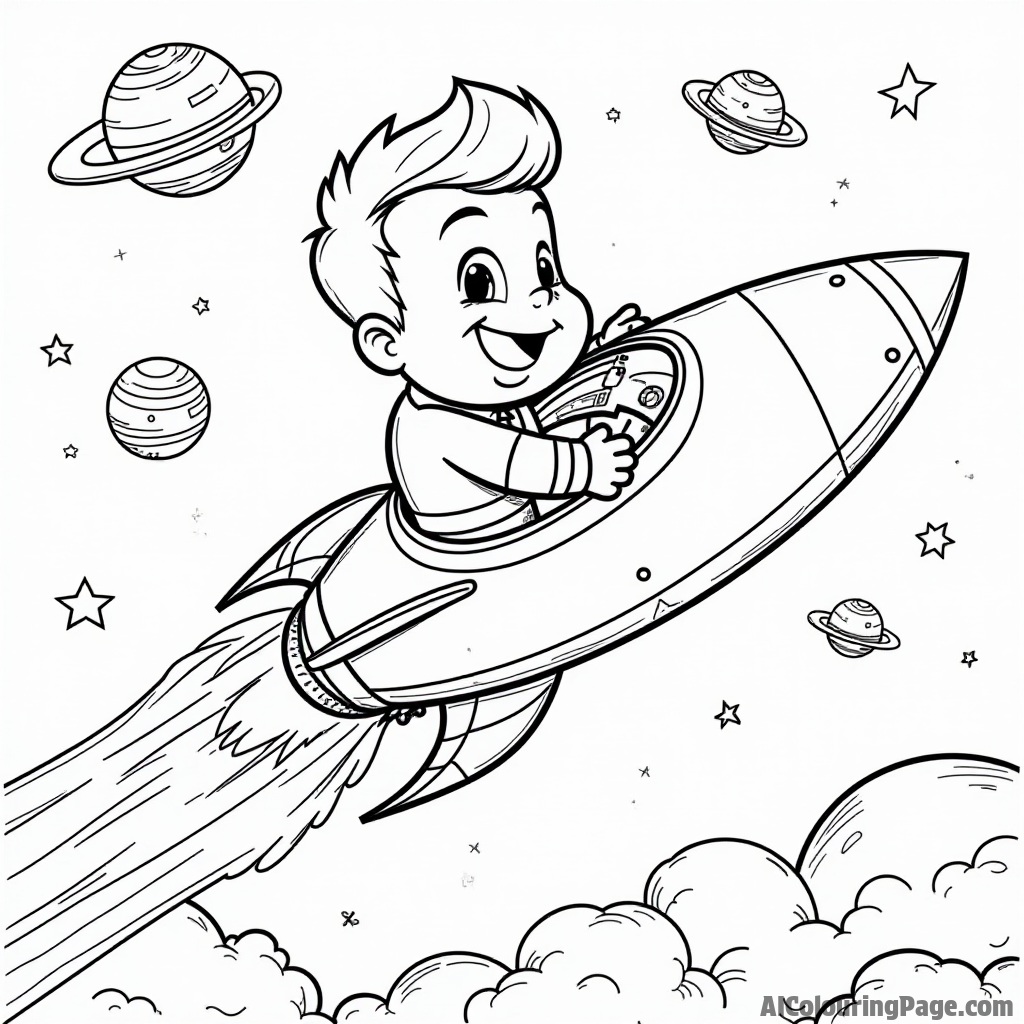 Johnny Bravo in a rocket ship flying through space with planets and stars