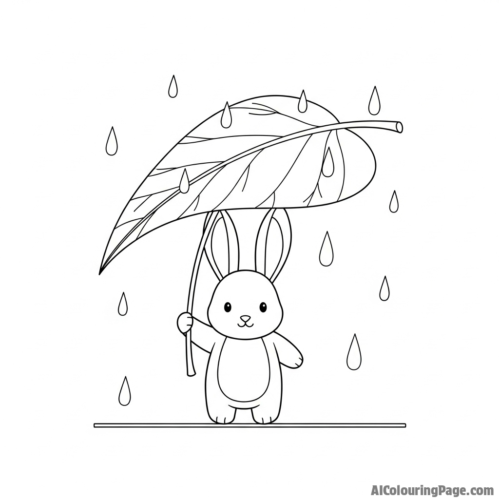 A whimsical illustration of a bunny using a large leaf as an umbrella in a downpour.
