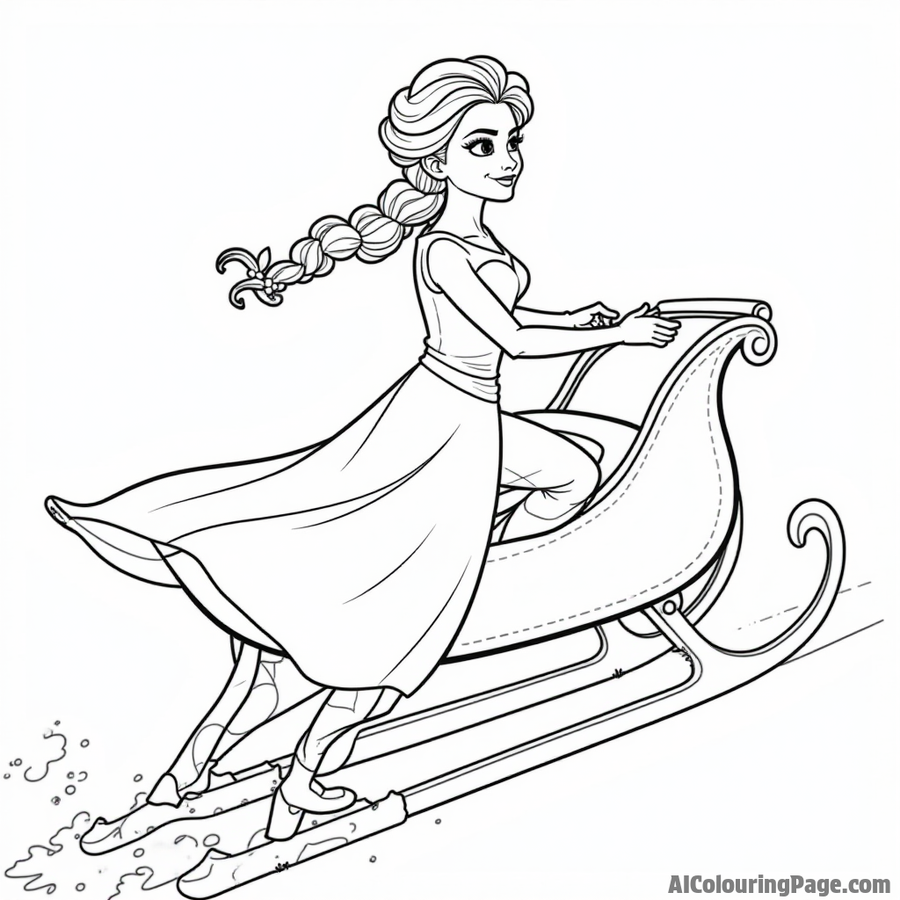 Elsa riding a sleigh