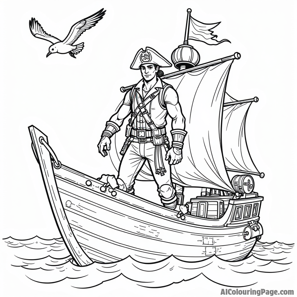 A Fortnite character dressed as a pirate on a ship with treasure maps and seagulls flying above for kids to color