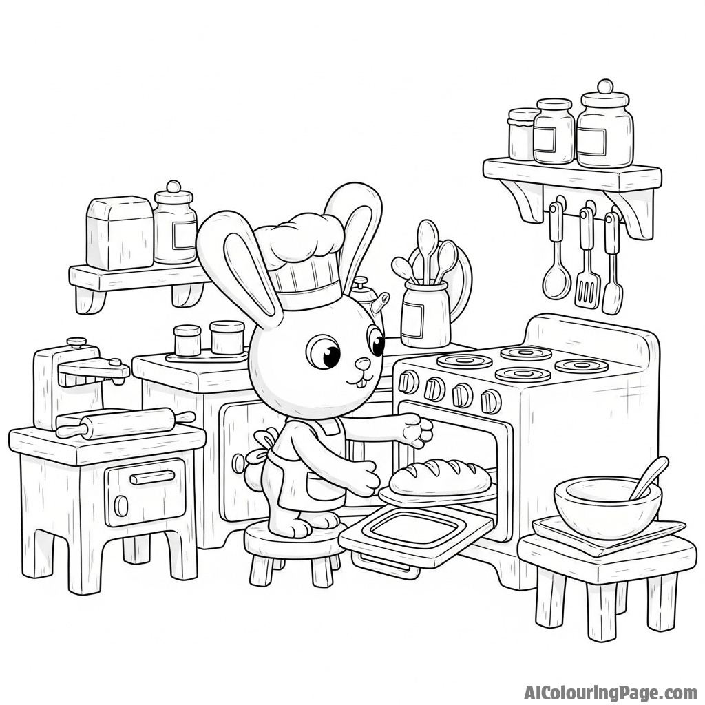 A claymation-style scene of a bunny baking a tiny loaf of bread in a miniature kitchen.
