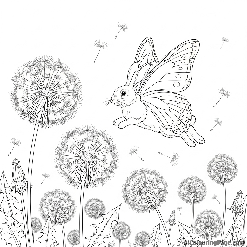 A surrealist painting of a bunny with butterfly wings, soaring over a field of giant dandelions.