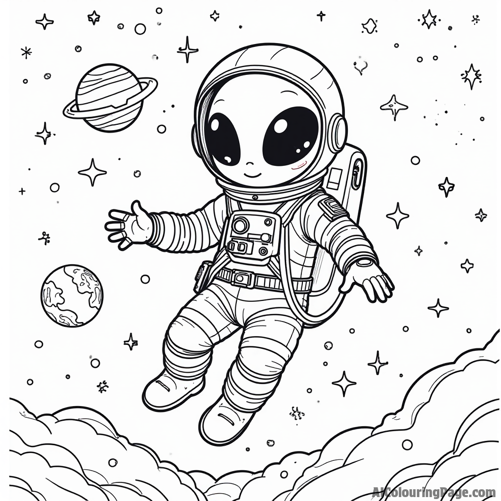 An alien astronaut floating in space with a backdrop of colorful galaxies and shooting stars, perfect for imaginative coloring.